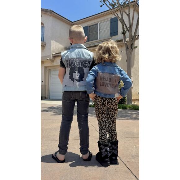 THE DOORS Hello I Love You 60s Rock Upcycled Retro Vintage Denim Jacket Kids 2T - Picture 1 of 14
